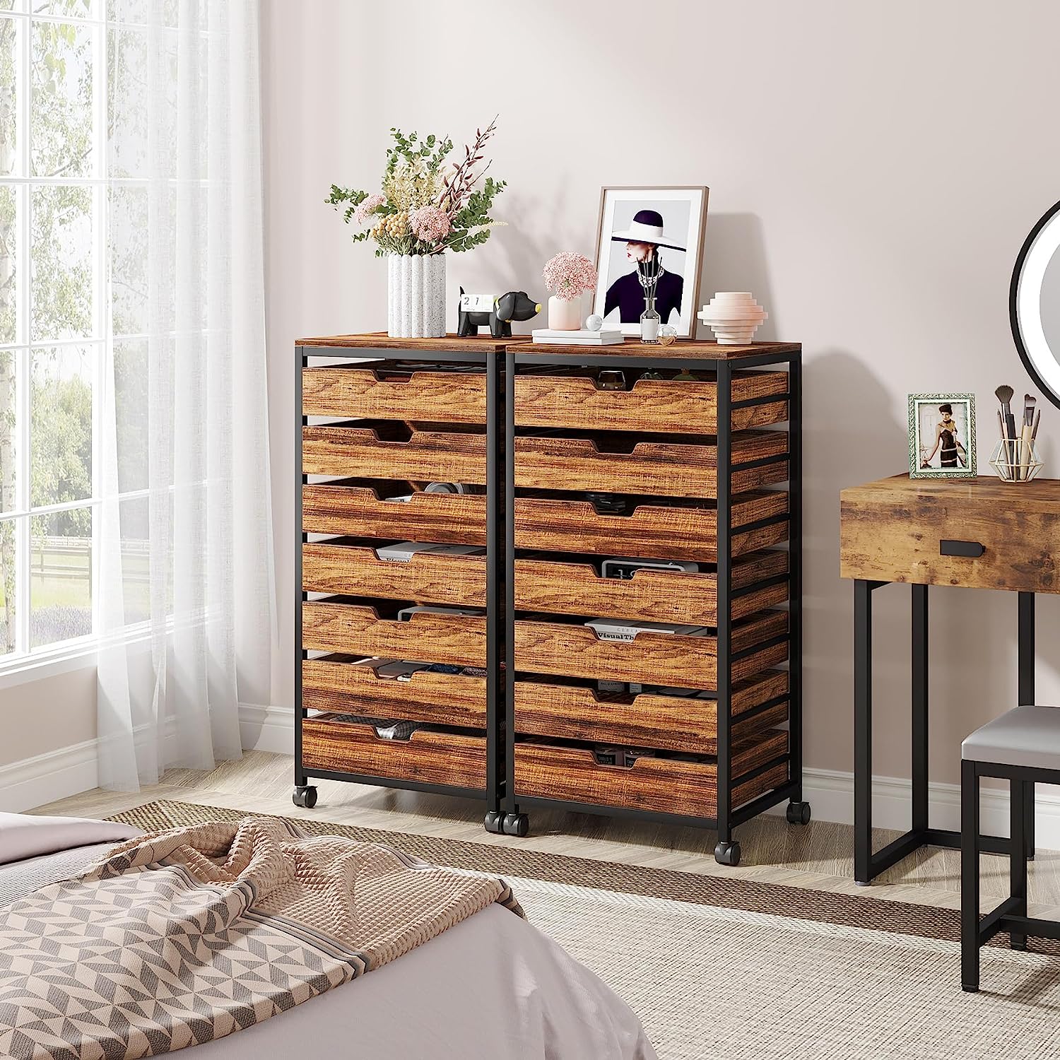 5/7 Drawer Chest, Wood Storage Dresser Cabinet with Wheels Tribesigns